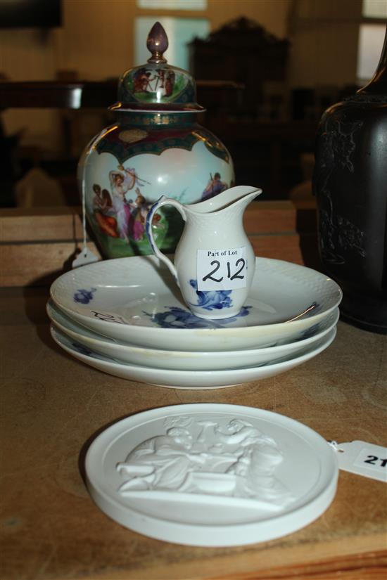 Vienna style porcelain vase & cover, 4 Royal Copenhagen Blue Flower items & a bisque relief plaque